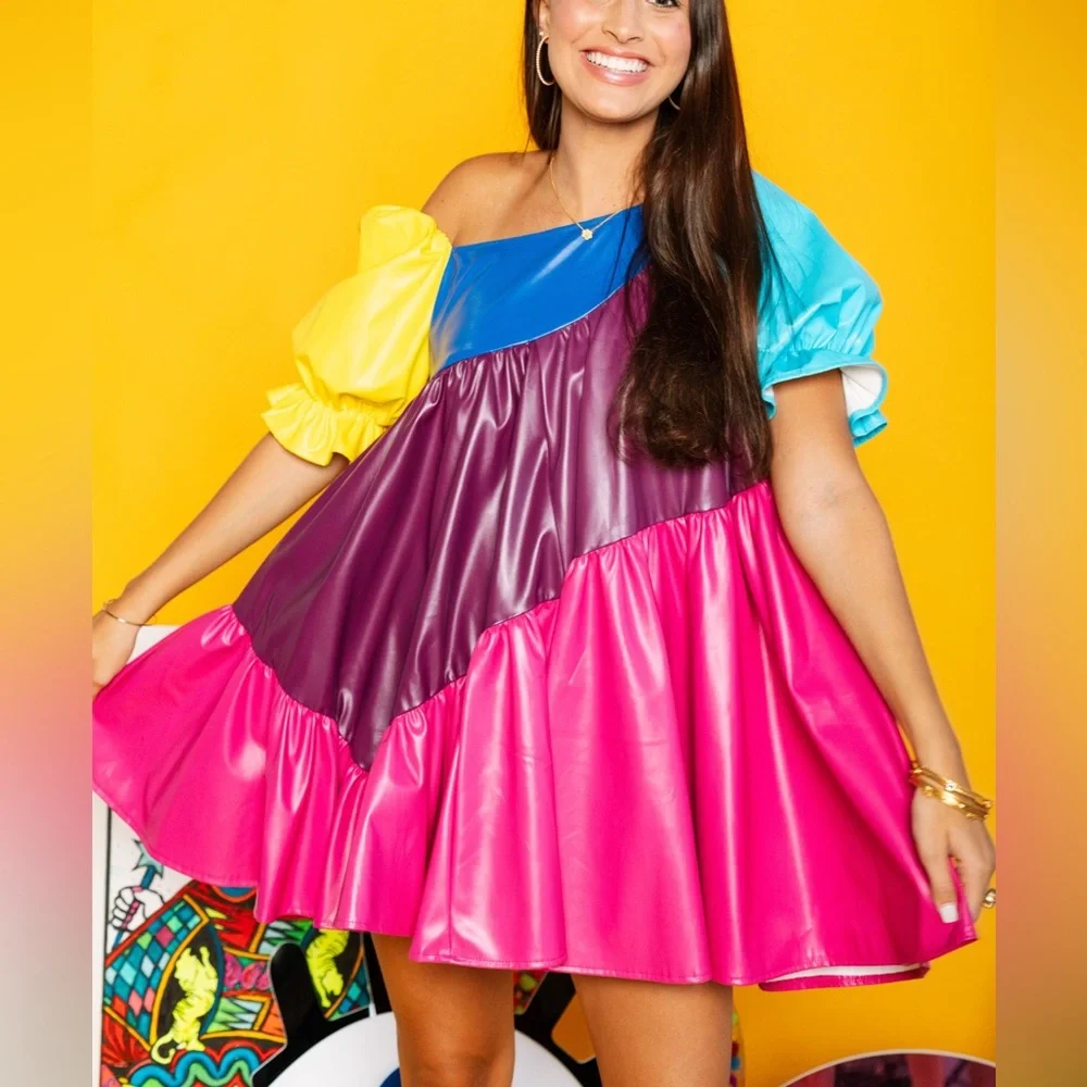 QUEEN OF SPARKLES Colorblock Mini Dress in Yellow, Blue, Purple & Pink - Picture 3 of 10